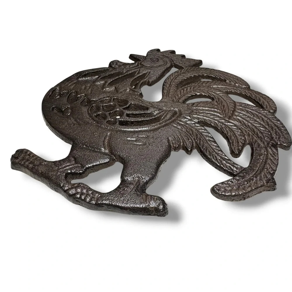 Vintage Style Cast Iron Rooster Trivet Dark Brown Farmhouse Kitchen Decor 8.5